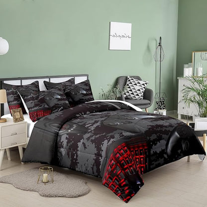 Tailor Shop Gaming Comforter Set Twin Size for Boys, Black Camouflage Gamer Bedding Sets for Boys Kids Teenage, All Season 2 Piece Gaming Bed Set with 1 Comforter and 1 Matching Pillowcase
