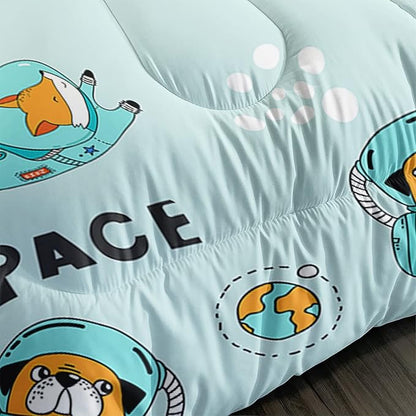 Kawaii Dog Rabbit Fox Comforter Set 3 Pieces Universe Galaxy Outer Space Bedding Set Astronaut Rocket Bed Quilt Set for Girls Boys Kids Blue