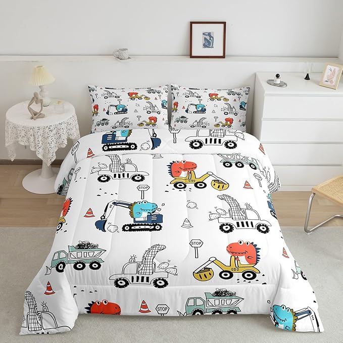 Feelyou Kids Cartoon Car Comforter Set Construction Bedding Set Full Size Tractor Vehicle Truck Comforter for Kids Boys Girls Cute Dinosaur Quilt Set Yellow Blue Soft for Teens Child Room Decor