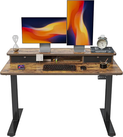 FEZIBO 48 x 24 Inch Height Adjustable Electric Standing Desk with Double Drawer, Stand Up Desk with Storage Shelf, Sit Stand Desk, Rustic Brown