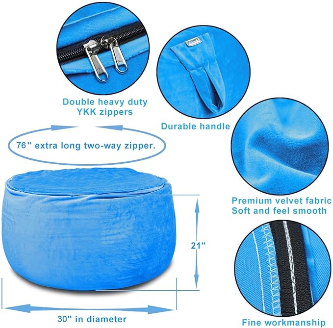 Bean Bag Chair Cover, Stuffed Animal Storage, Plush Toys Organizer Holder, Beanbag Chairs Cover for Kids Teans and Adults Super Soft and Comfortable Fabric X-Large with Handle and Zipper -Round Blue