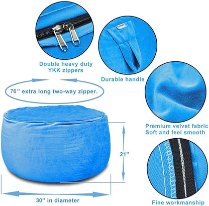 Bean Bag Chair Cover, Stuffed Animal Storage, Plush Toys Organizer Holder, Beanbag Chairs Cover for Kids Teans and Adults Super Soft and Comfortable Fabric X-Large with Handle and Zipper -Round Blue