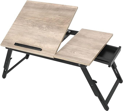 Bamboo Laptop Desk Bed Tray Table Adjustable Table for Computer Tilting Top Foldable Leg with Drawer