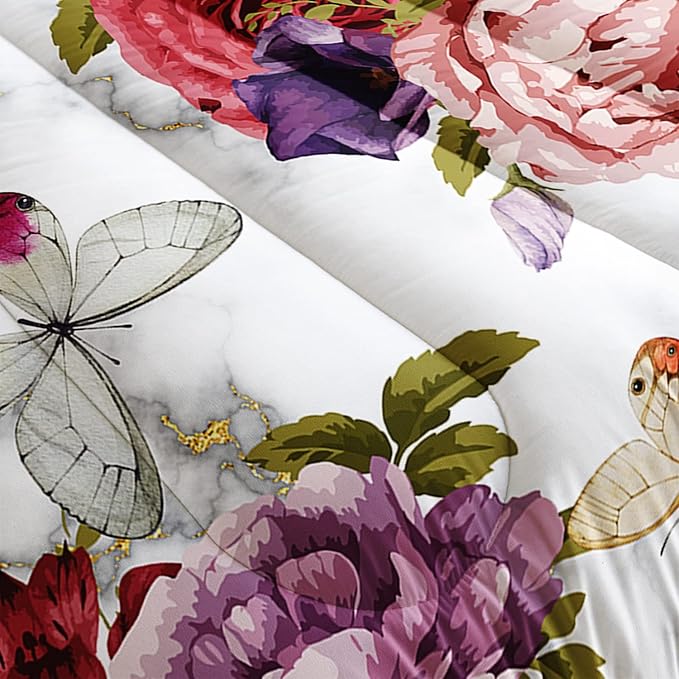 Butterfly Comforter Set for Girls Kids Adults Watercolor Butterfly Rose Bedding Set Aesthetics Butterflies Quilt Duvet Set Full Size with 1 Comforter and 2 Pillowcases