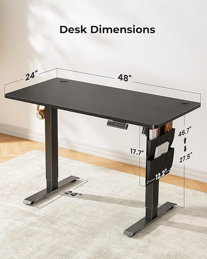 Standing Desk Adjustable Height, Electric Standing Desk with Starage Bag, Stand up Desk for Home Office Computer Desk Memory Preset with Headphone Hook, 48x24 Inch, Black