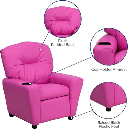 Flash Furniture Chandler Vinyl Kids Recliner with Cup Holder and Safety Recline, Contemporary Reclining Chair for Kids, Supports up to 90 lbs., Hot Pink