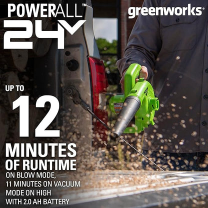 Greenworks 24V (90 MPH / 180 CFM / 125+ Compatible Tools) Cordless Shop Blower, 2.0Ah Battery and Charger Included