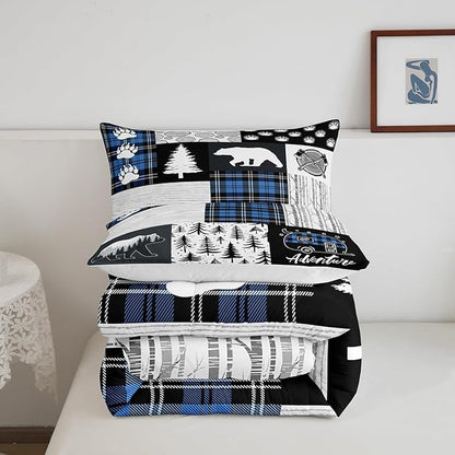 Bear Paws Comforter Set Full Size,Pine Trees Geometric Plaids Patchwork Bedding Set for Kids Boys Girls Adults Room Decor,Hunting Adventure Down Comforter,Blue Rustic Duvet Insert,2 Pillowcases