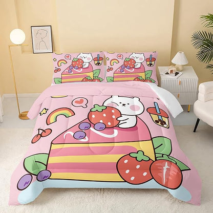 Kawaii Bear Comforter King,Pink Bear Comforter Set for Kids Teens Girls,3Pcs Bedding Set Printed Comforter with 2 Pillowcases,Down Alternative,Soft and Lightweight，King Size