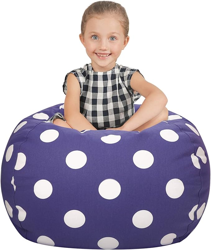 Aubliss Stuffed Animal Storage Bean Bag Chair Cover (No Beans), Stuff and Sit Storage Bean Bag for Kids Toy Storage, Medium 32"-Canvas Dot Navy