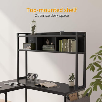 BANTI L Shaped Desk with Hutch, 58 inch Corner Computer Desk with Drawer,Home Office Gaming Table Workstation with Storage Bookshelf, Black