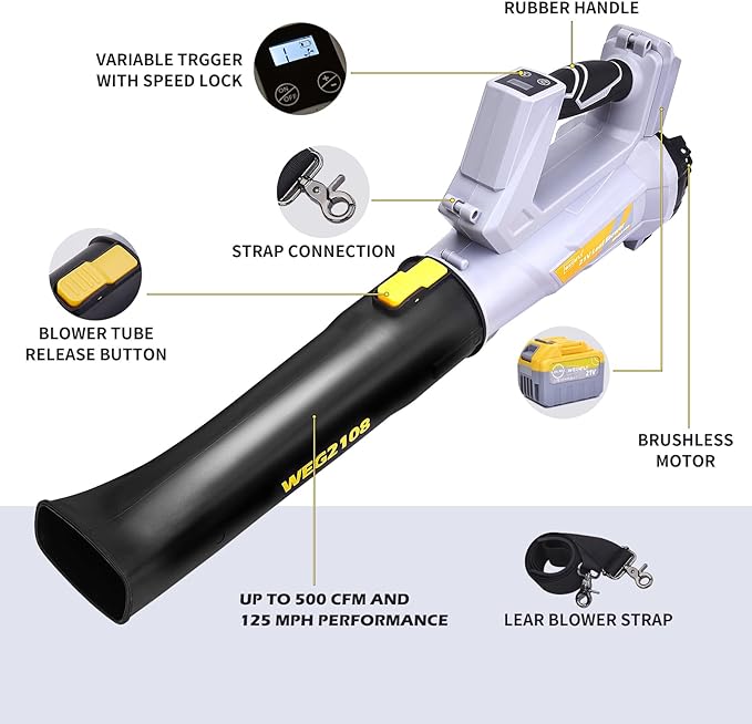 500 CFM Cordless Leaf Blower, 2 x 21V 4.0Ah Battery and Charger, Electric Leaf Blowers for Patio Cleaning, Lawn Care, Blowing Leaves and Snow