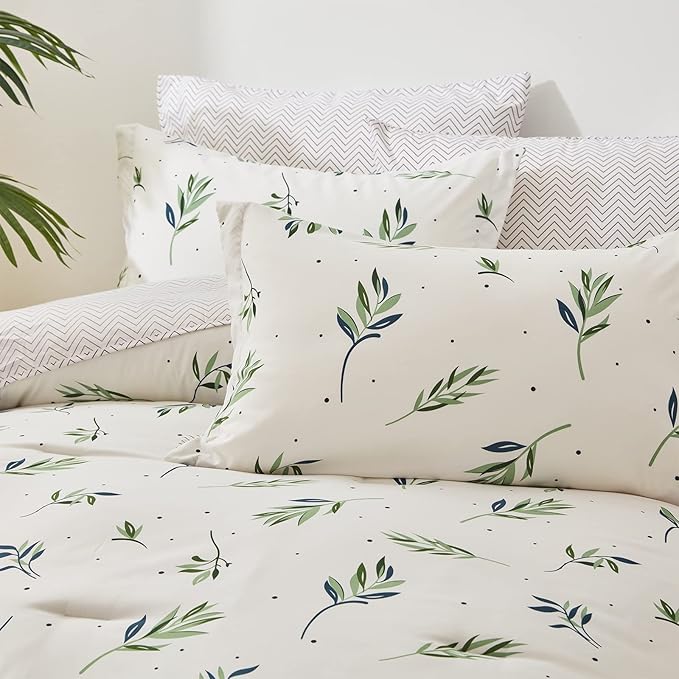 EMME King Comforter Set - Sage Green Floral Bedding Set 7 PCS with Nature Leaves Pattern, Soft Leaf Printed Botanical Bed Set with Sheets, Fluffy Bed Bag for All Season(102"X90")