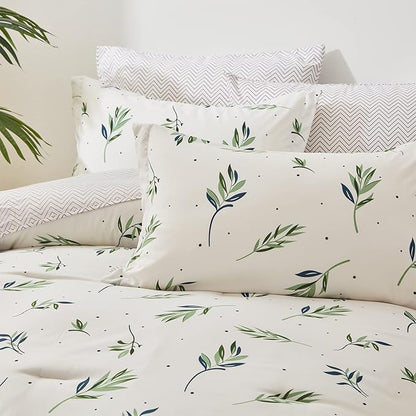 EMME King Comforter Set - Sage Green Floral Bedding Set 7 PCS with Nature Leaves Pattern, Soft Leaf Printed Botanical Bed Set with Sheets, Fluffy Bed Bag for All Season(102"X90")