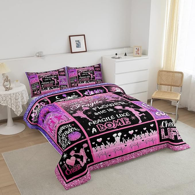 Cheerleading Comforter Set Cheer Gifts,Cheerleader Loves Bedding Set for Kids Girls Teens Adult,Cheer Pink (no real) Sequins Quilt Set Full Geometric Plaid Patchwork Duvet Insert with 2 Pillowcases