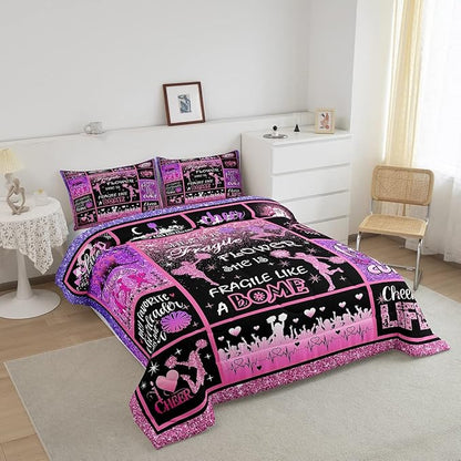 Cheerleading Comforter Set Cheer Gifts,Cheerleader Loves Bedding Set for Kids Girls Teens Adult,Cheer Pink (no real) Sequins Quilt Set King Geometric Plaid Patchwork Duvet Insert with 2 Pillowcases