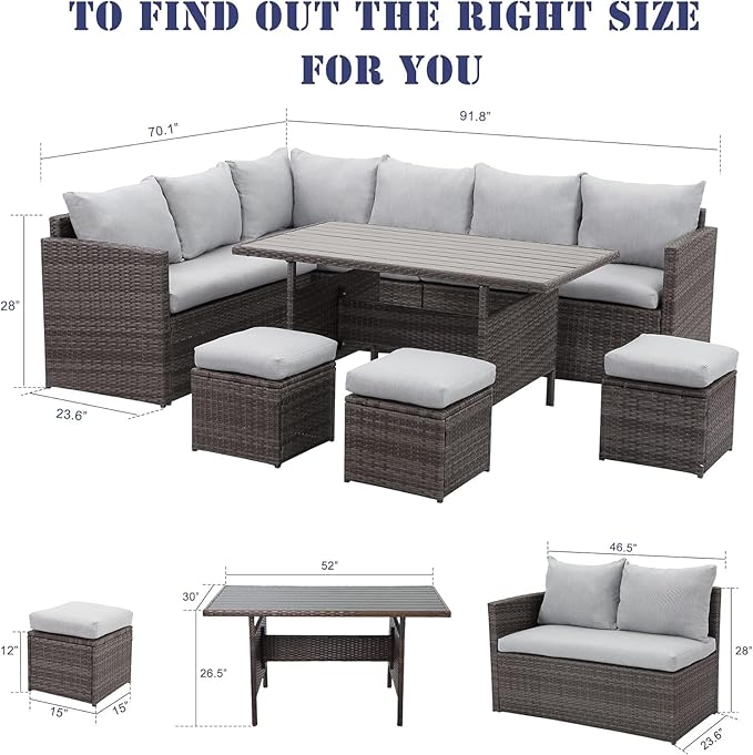 7 Piece Wicker Rattan Outdoor Dining Set with Dining Table and Ottomans, Patio Table and Chairs Set