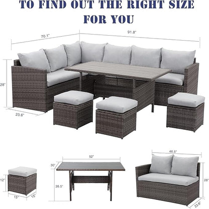 7 Piece Wicker Rattan Outdoor Dining Set with Dining Table and Ottomans, Patio Table and Chairs Set