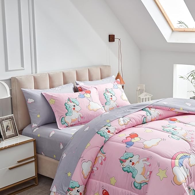 UOZZI BEDDING Kids Girls Bed in a Bag 6 Pieces Twin Size Unicorn Pink Colorful Comforter Set - (1 Soft Microfiber, Reversible Comforter, 2 Pillow Shams, 1 Flat Sheet, 1 Fitted Sheet, 1 Pillowcases)