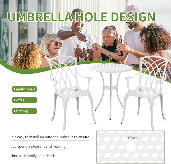 White Bistro Table and Chairs Set of 2, Cast Aluminum White Bistro Set Outdoor, Patio Bistro Sets with Umbrella Hole, Round Back Yard Set for Porch Balcony Garden