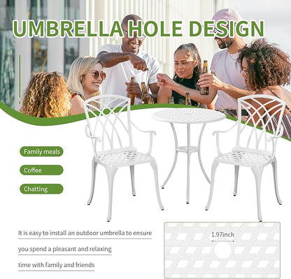 White Bistro Table and Chairs Set of 2, Cast Aluminum White Bistro Set Outdoor, Patio Bistro Sets with Umbrella Hole, Round Back Yard Set for Porch Balcony Garden