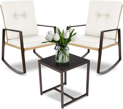 YIYAN 3 Pieces Patio Bistro Set Outdoor Rattan Wicker Rocking Chairs Set,Patio Outdoor Furniture Conversation Sets with Sofa Chairs,Glass Coffee Table and Washable cushion (Light Beige)