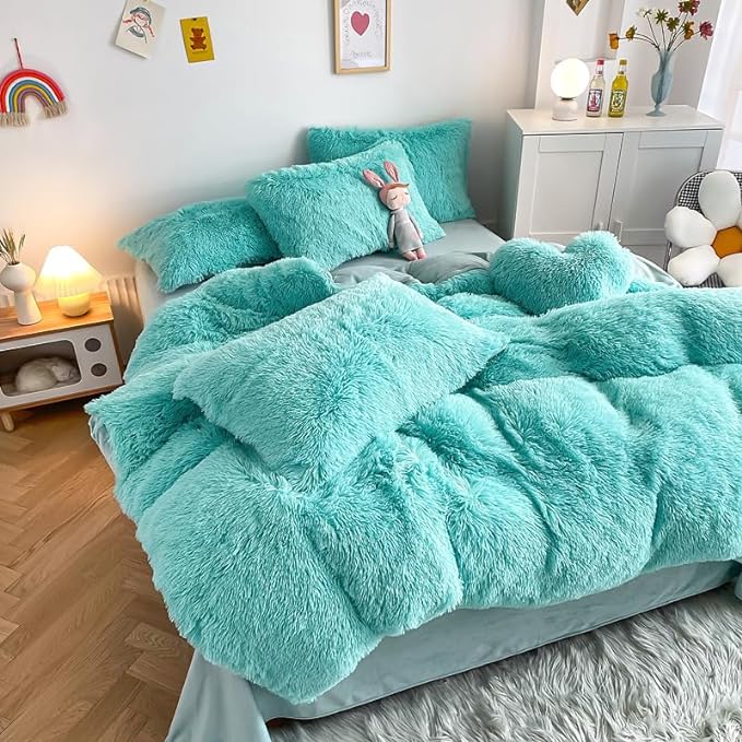 Faux Fur Kids Girls Sky Blue Comforter Sets Twin/Full - 3PC Bed Set Warm Comfortable Soft Plush Flannel Velvet Fluffy Fuzzy Bedding（Comforter x 1 Pillowcases x 2）