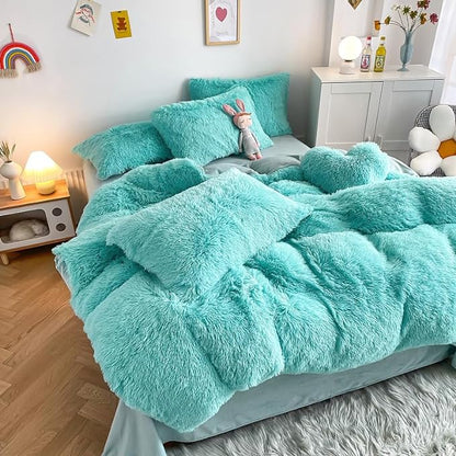 Faux Fur Kids Girls Sky Blue Comforter Sets Twin/Full - 3PC Bed Set Warm Comfortable Soft Plush Flannel Velvet Fluffy Fuzzy Bedding（Comforter x 1 Pillowcases x 2）