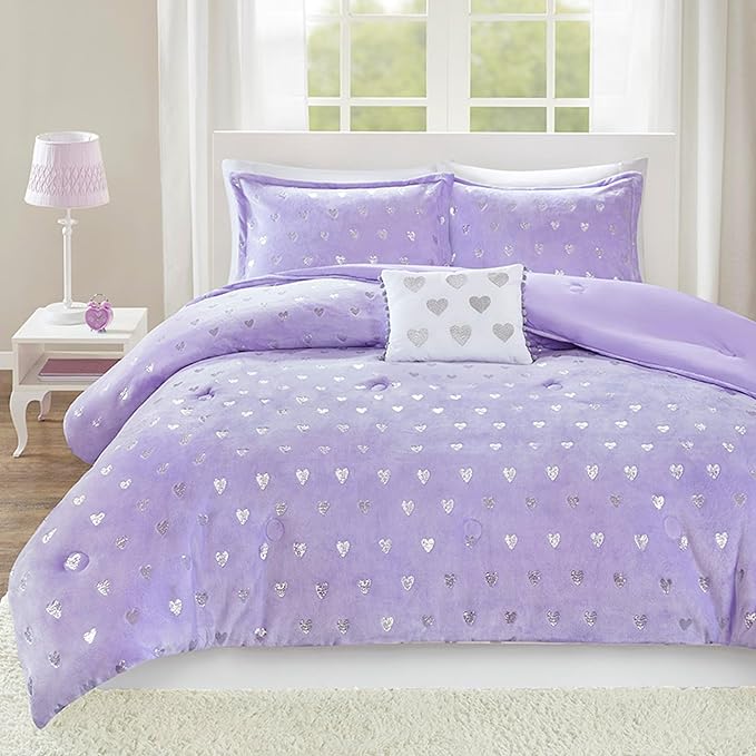 Mi Zone Rosalie Comforter Set for Girls, Ultra-Soft Microlight Plush Metallic Printed Hearts Brushed Reverse Overfilled Down Alternative Hypoallergenic All Season, Twin/Twin XL, Purple/Silver, 3 Piece
