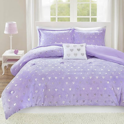 Mi Zone Rosalie Comforter Set for Girls, Ultra-Soft Microlight Plush Metallic Printed Hearts Brushed Reverse Overfilled Down Alternative Hypoallergenic All Season, Twin/Twin XL, Purple/Silver, 3 Piece