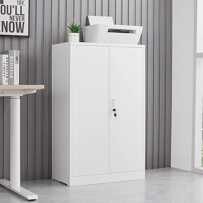 41.97" Metal Storage Doors and Adjustable Shelf,Folding Filing Cabinets w/Solid Steel Tube Locking Shaft,for Home Office,School,Garage,White