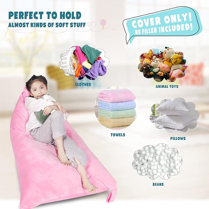 Stuffed Animal Storage Bean Bag Chair Cover, Velvet Pink Plush Toy Storage Stuff and Sit Seat Organizer for Kids/Teens/Adults, 52" x 31" Extra Large Triangle Floor Sofa, 200L/52Gal,Cover Only