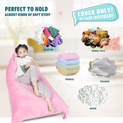 Stuffed Animal Storage Bean Bag Chair Cover, Velvet Pink Plush Toy Storage Stuff and Sit Seat Organizer for Kids/Teens/Adults, 52" x 31" Extra Large Triangle Floor Sofa, 200L/52Gal,Cover Only