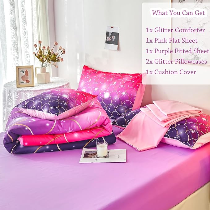 URBONUR Purple Glitter Comforter Set Queen Size for Girls 6 Piece Bed in A Bag Comforter with Sheets Set, Gradient Pink Purple Sparkle Mermaid Fish Scales Bedding Comforter Set