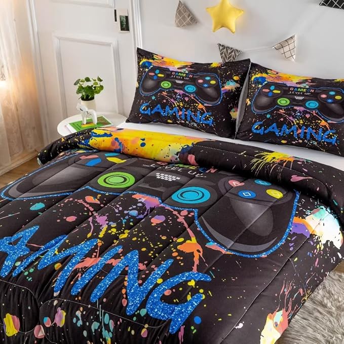 Gamer Comforter Sets for Teen Boys,Gaming Bedding Sets Full,Video Game Bedspread,Game Gamepad Bed Set,Controller Bedding Gamer Home Decor 3 Piece 1 Comforter and 2 Pillowcases