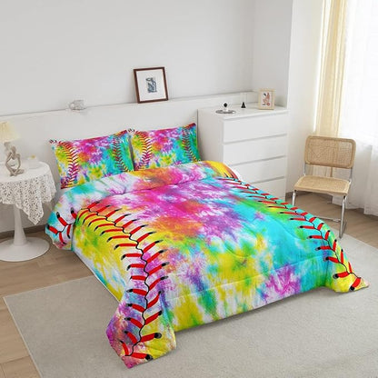 Feelyou Kids Baseball Comforter Boys Girls Softball Sports Game Comforter Set Girly Colorful Tie Dye Bedding Set Teens Men Baseball Gaming Quilt Set Rainbow Room Decor Queen Size for All Season 3Pcs