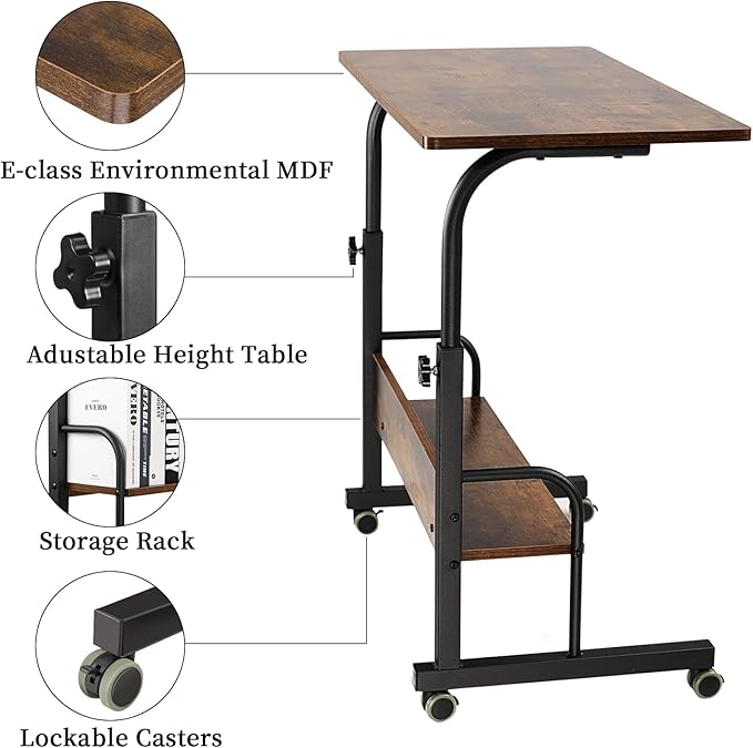 SIDUCAL Portable Laptop Desk, Mobile Laptop Cart Adjustable Height, Rolling Laptop Stand for Desk, Rolling Computer Cart with Wheels, Couch Desk Bed Desk for Laptop and Writing, 31.5'' Rustic Brown