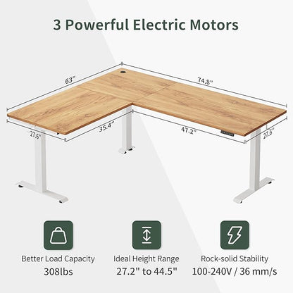 FEZIBO 75 Inches, Supports over 300mlbs, L Shaped Standing Desk Reversible, Electric Height Adjustable Corner Stand up Desk, Sit Stand Desk Computer Workstation, White Frame/Light Rustic Brown Top