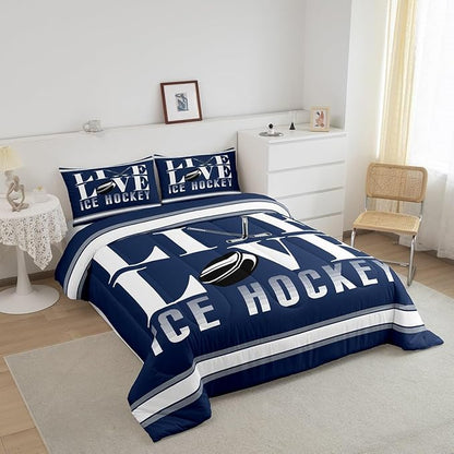 Feelyou Ice Hockey Bedding Set King Size Ice Sports Games Comforter Set for Kids Boys Girls Decor Hockey Player Comforter Microfiber Puck Hockey Duvet Set Bedroom Quilt Set