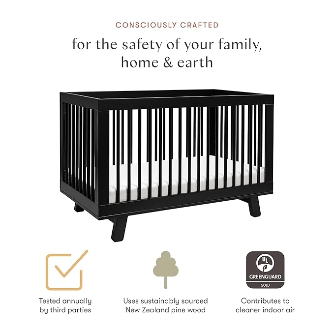 Babyletto Hudson 3-in-1 Convertible Crib with Toddler Bed Conversion Kit in Black, Greenguard Gold Certified