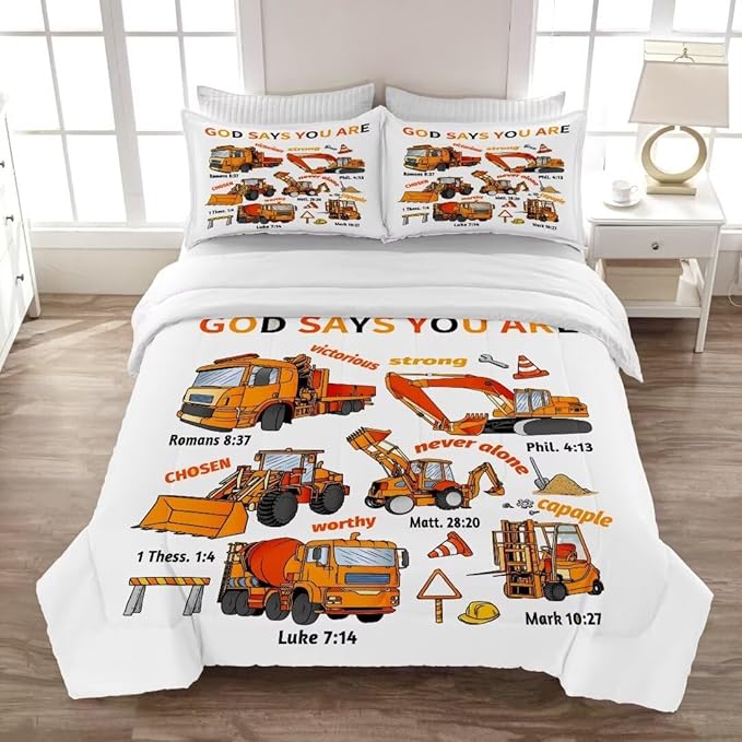 Kids Construction Vehicles Truck Comforter for Boys Queen,Cartoon Car Excavator Tractor Bedding Set,Construction Christian Spirational Quotes Comforter with 2 Pillowcases White