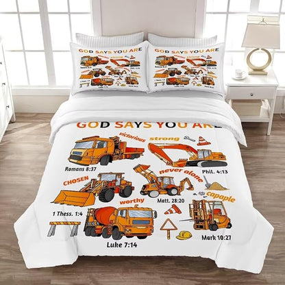 Kids Construction Vehicles Truck Comforter for Boys Full,Cartoon Car Excavator Tractor Bedding Set,Construction Christian Spirational Quotes Comforter with 2 Pillowcases White