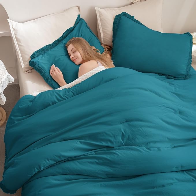 Andency Turquoise Comforter Set Full Size, 3 Pieces Boho Teal Tassel Lightweight Bedding Comforter Sets, Teal Blue All Season Soft Fluffy Fringe Bed Set (79x90In Comforter & 2 Pillowcases)