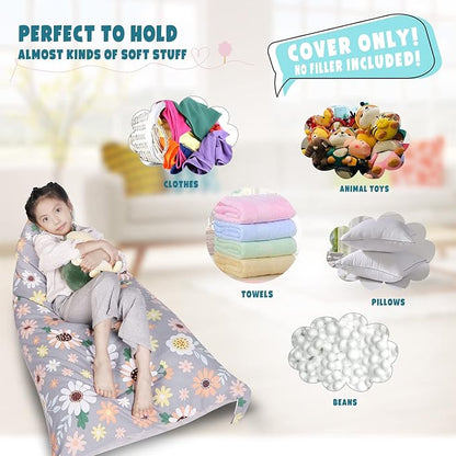 Stuffed Animal Storage Bean Bag Chair Cover, Velvet Canvas Gray Sunflower Plush Toy Storage Stuff and Sit Seat for Kids/Teens/Adults, 52" x 31" Extra Large Sofa, 200L/52Gal, Cover Only