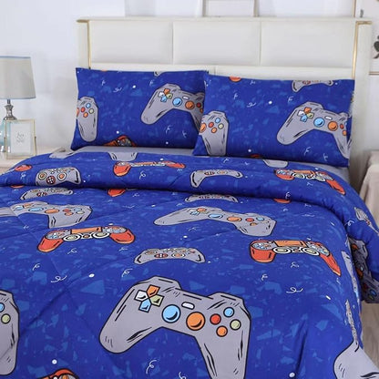 3PCS Blue Gamer Queen Comforter Set for Boys Girls Teens and Kids, Microfiber Lightweight Comforter Queen, Bed in a Bag Cute Bedding, Queen