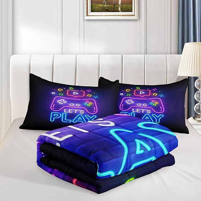 Gamer Comforter Sets,Gaming Bedding Set for Boys 6 pcs,Kids Comforter Sets for Boys,Twin Purple Comforter Sets for Boys,Bed in A Bag with Sheets(Twin,Purple Color)
