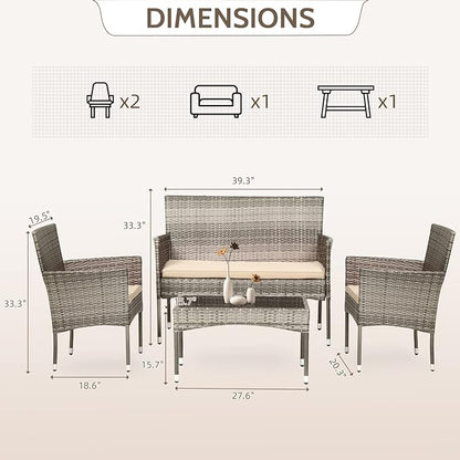 FDW Patio Conversation Set 4 Pieces Patio Furniture Set Wicker with Rattan Chair Loveseats Coffee Table for Outdoor Indoor Garden Backyard Porch Poolside Balcony,Gray Wicker/Khaki Cushions