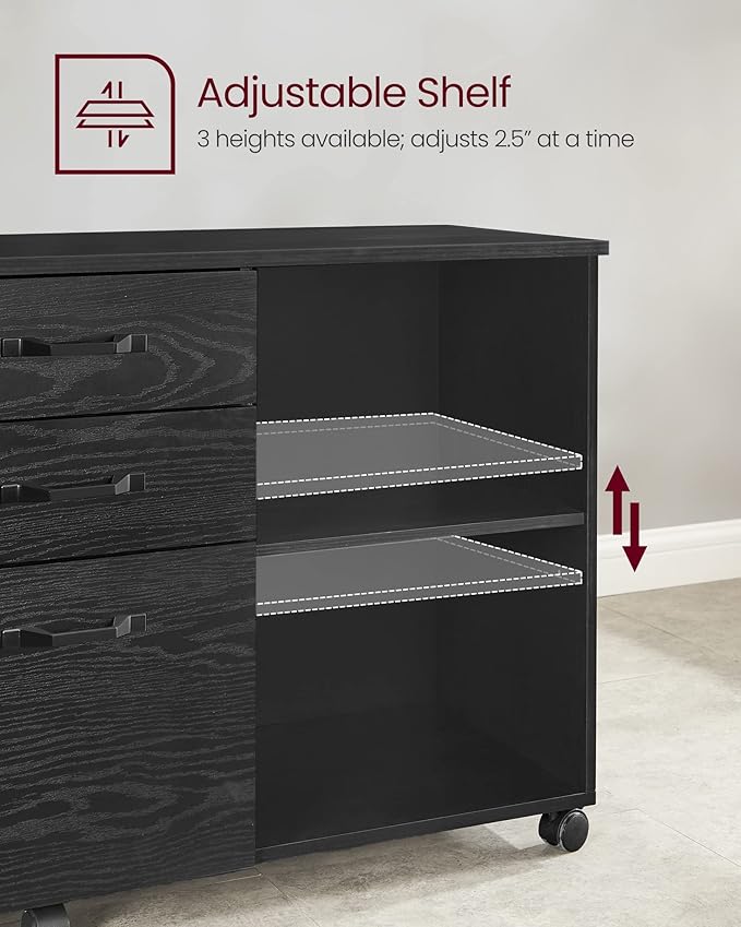 VASAGLE Lateral File Cabinet, Home Office Printer Stand, with 3 Drawers and Open Storage Shelves, for A4, Letter-Size Documents, Black with Wood Grain