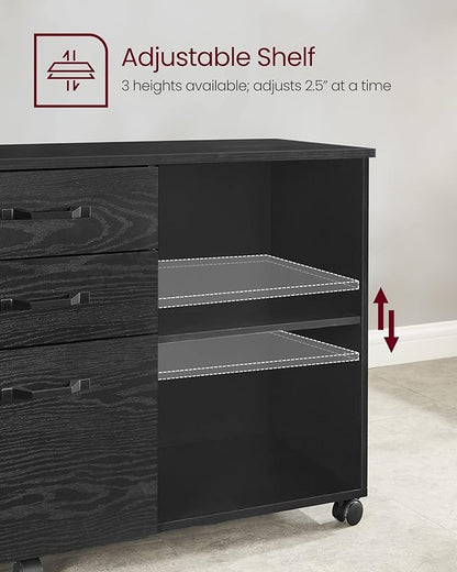 VASAGLE Lateral File Cabinet, Home Office Printer Stand, with 3 Drawers and Open Storage Shelves, for A4, Letter-Size Documents, Black with Wood Grain