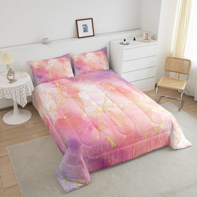 Golden Marble Bedding King Size, Tie Dye Gradient Bedding Comforter Sets for Boys Girls Women, Marbling Ink Painting Comforter Set Pink Purple Glitter Pastel Girls Room Decor with 2 Pillowcases